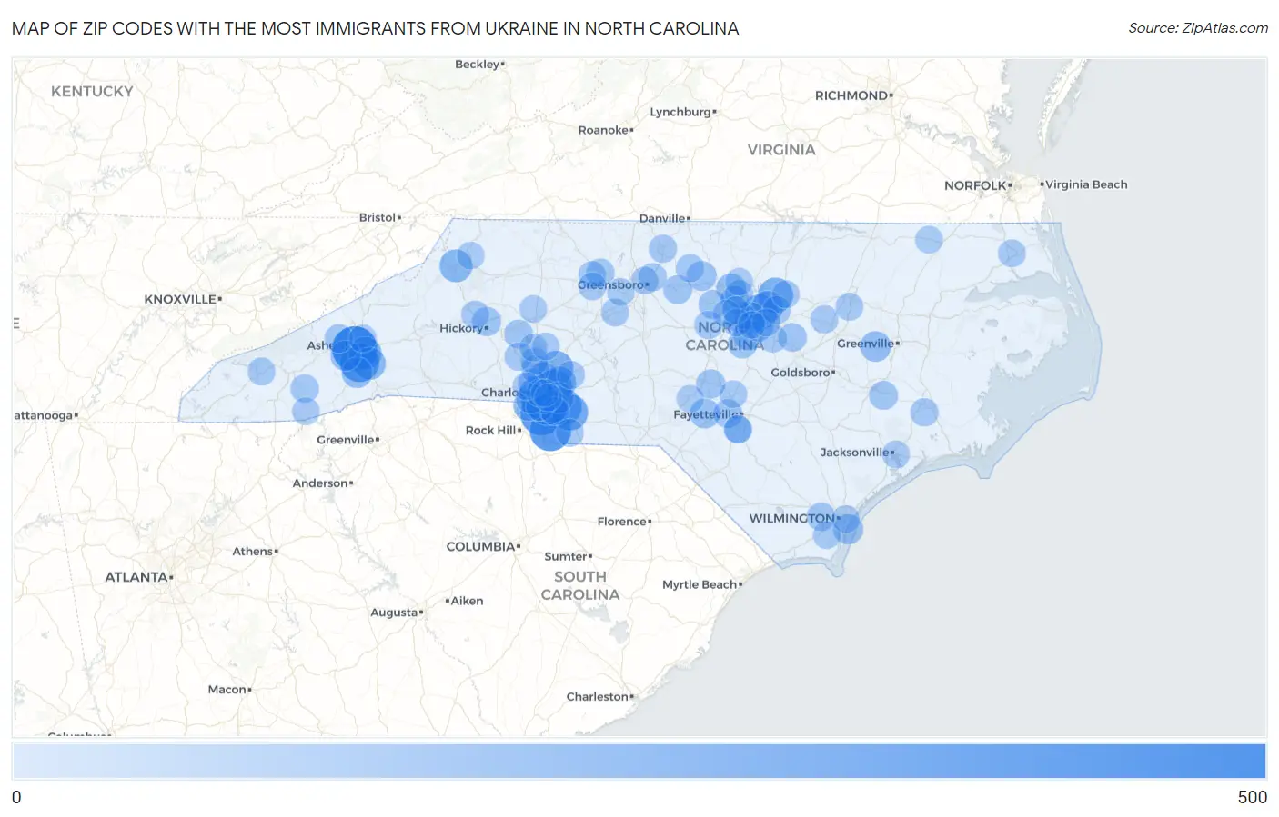 Zip Codes with the Most Immigrants from Ukraine in North Carolina Map