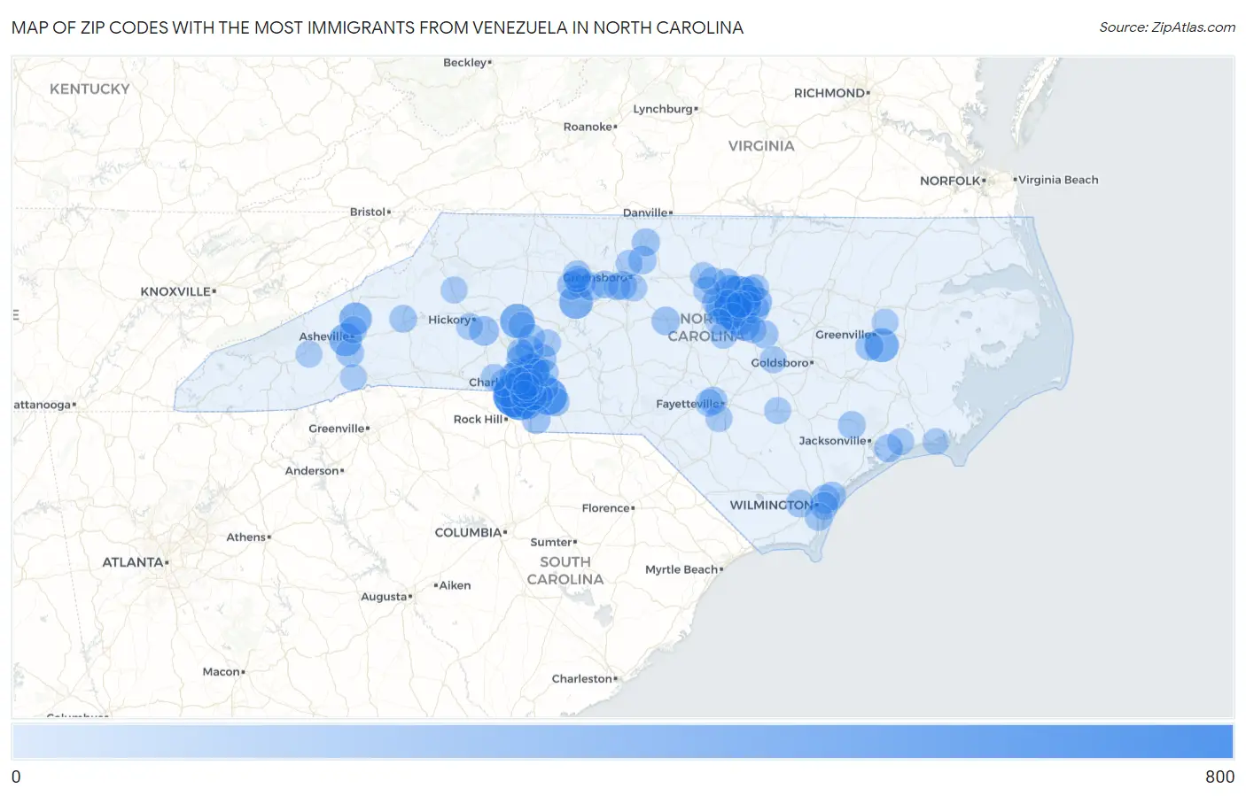 Zip Codes with the Most Immigrants from Venezuela in North Carolina Map