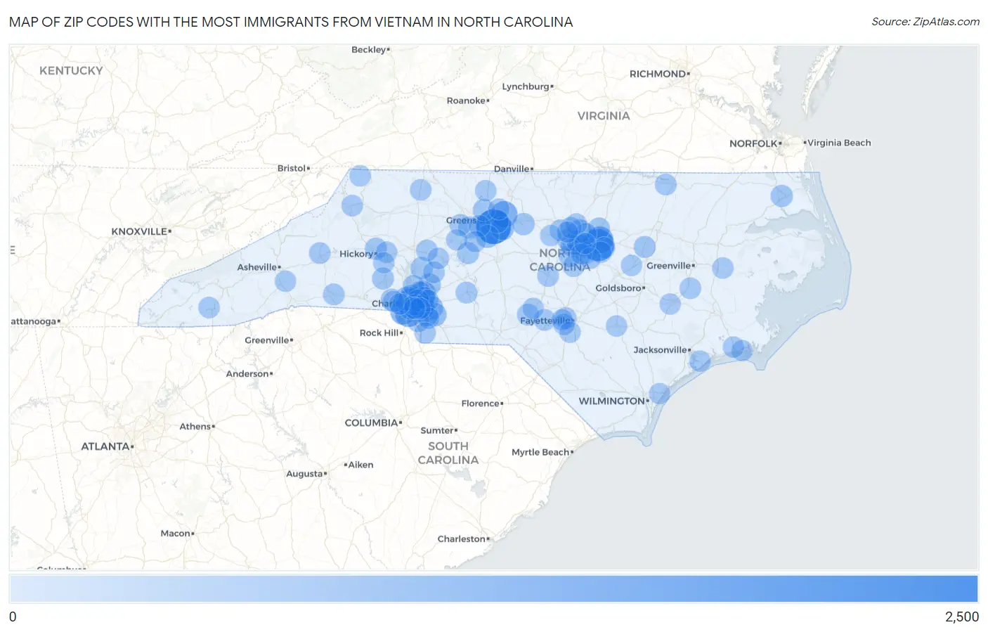 Zip Codes with the Most Immigrants from Vietnam in North Carolina Map