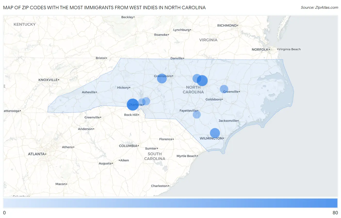 Zip Codes with the Most Immigrants from West Indies in North Carolina Map