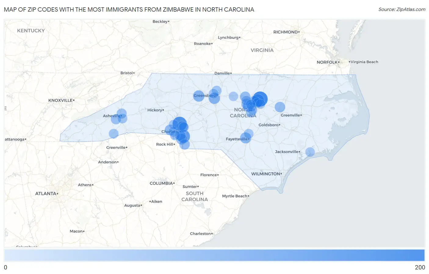 Zip Codes with the Most Immigrants from Zimbabwe in North Carolina Map