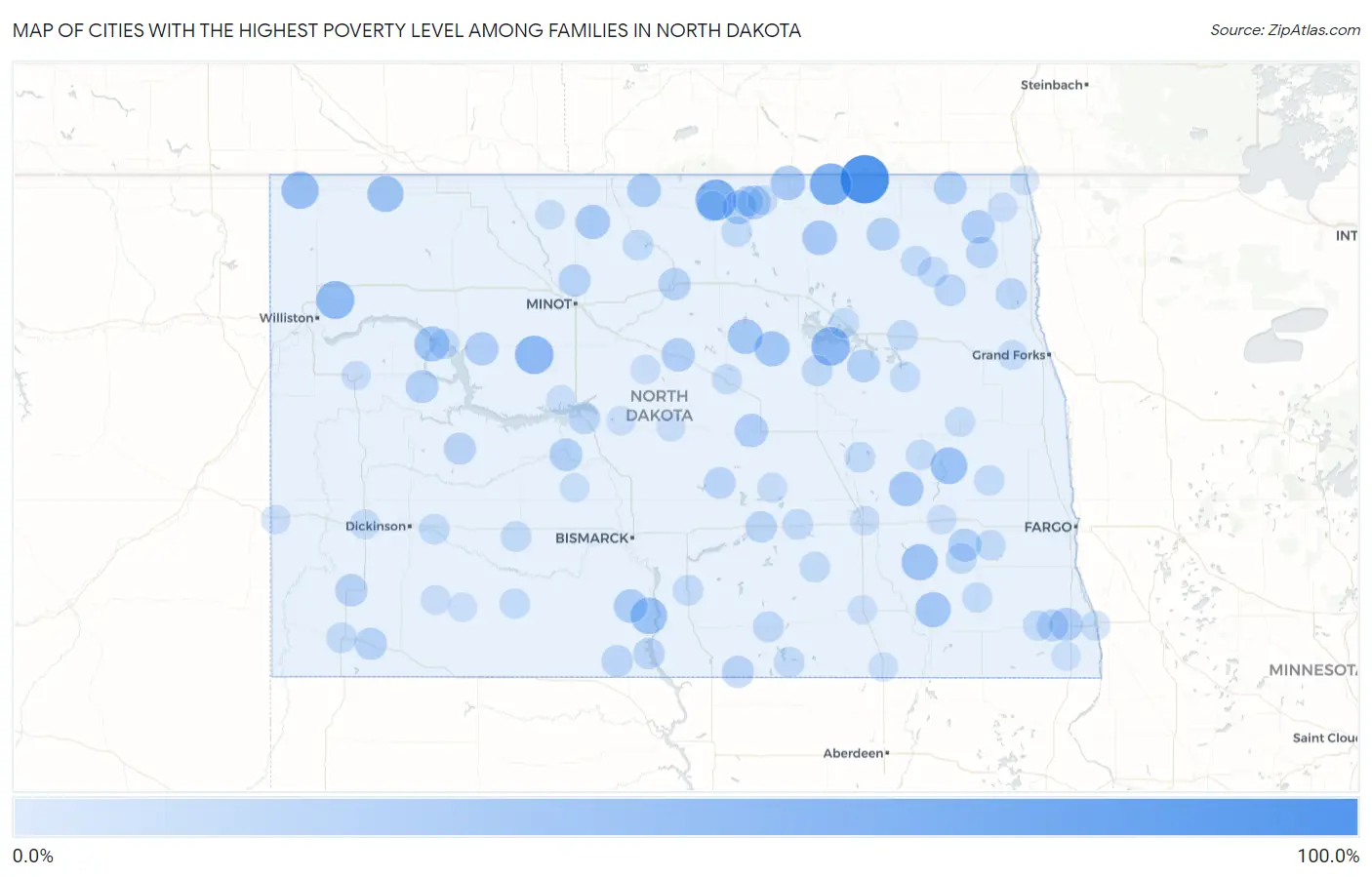 Cities with the Highest Poverty Level Among Families in North Dakota Map
