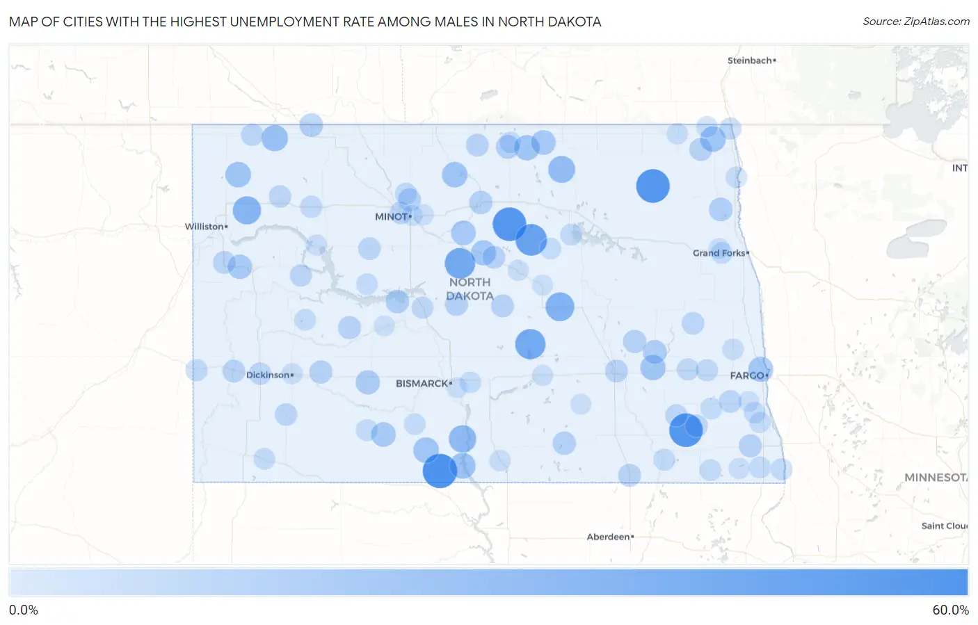 Cities with the Highest Unemployment Rate Among Males in North Dakota Map
