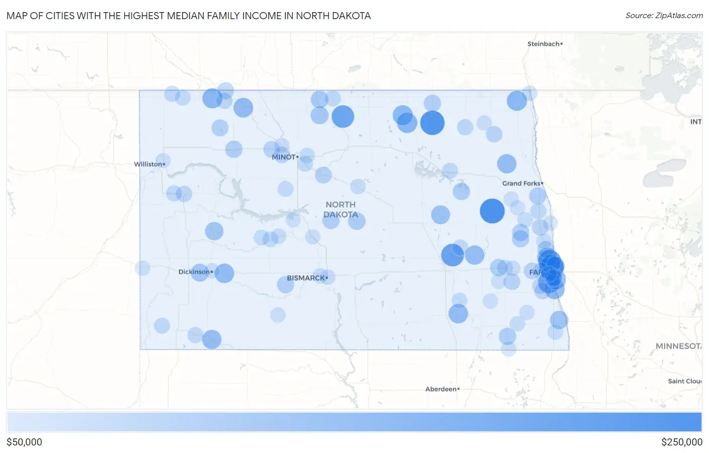 Cities with the Highest Median Family Income in North Dakota Map