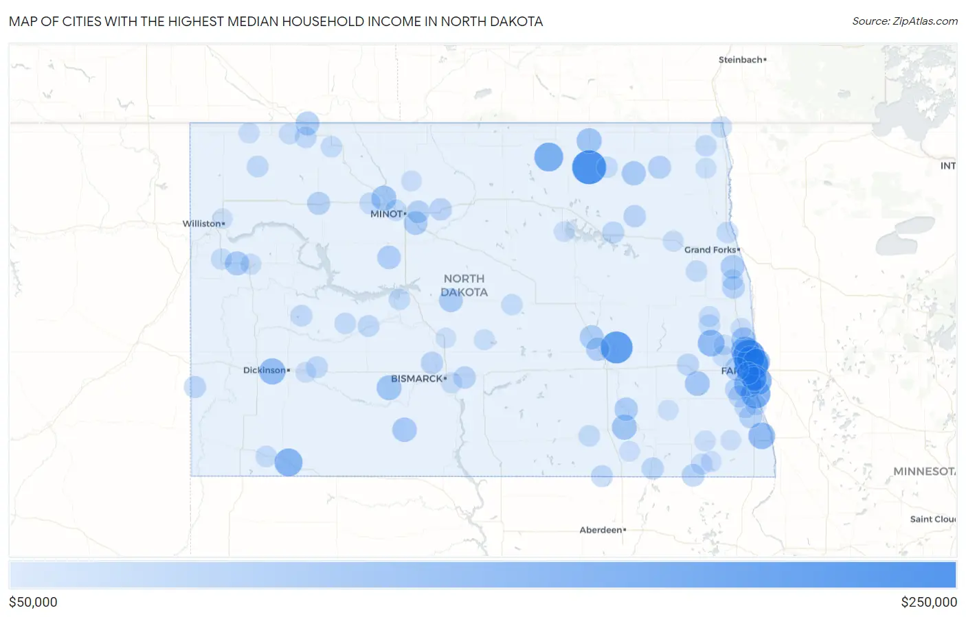 Cities with the Highest Median Household Income in North Dakota Map