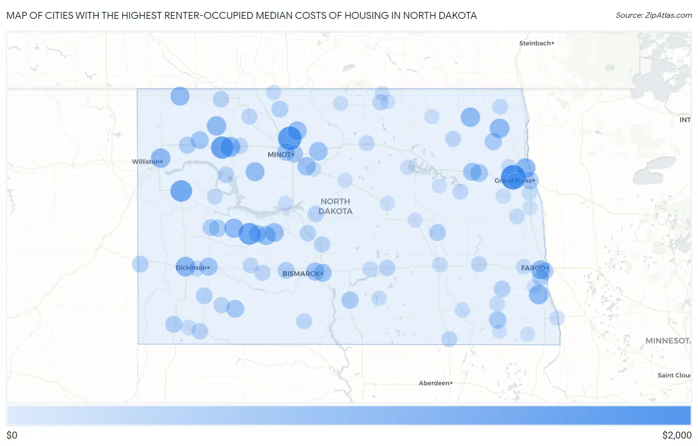 Cities with the Highest Renter-Occupied Median Costs of Housing in North Dakota Map