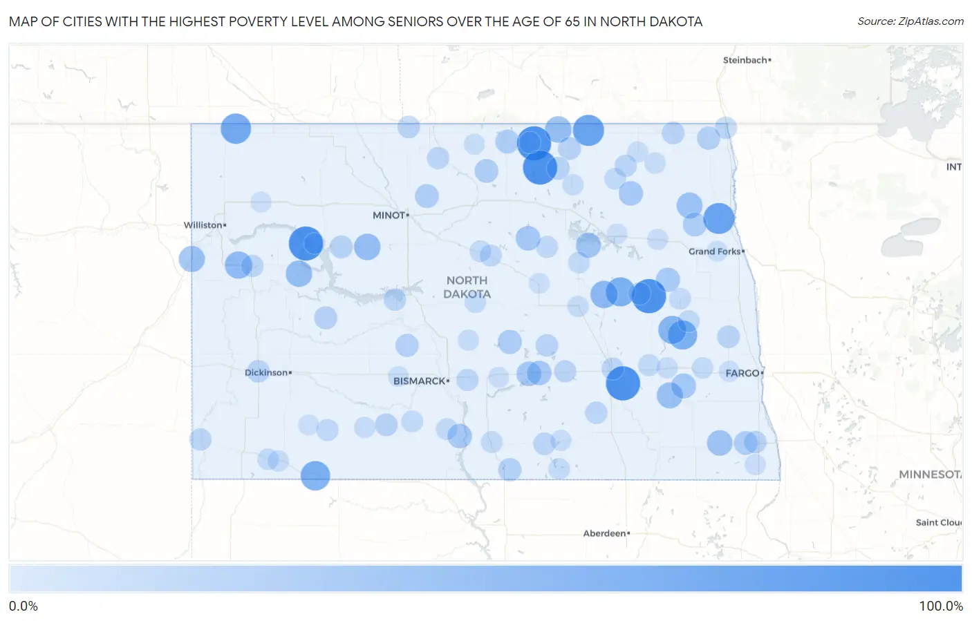 Cities with the Highest Poverty Level Among Seniors Over the Age of 65 in North Dakota Map
