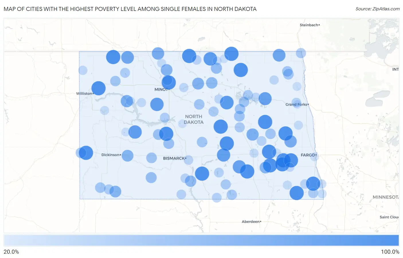Cities with the Highest Poverty Level Among Single Females in North Dakota Map