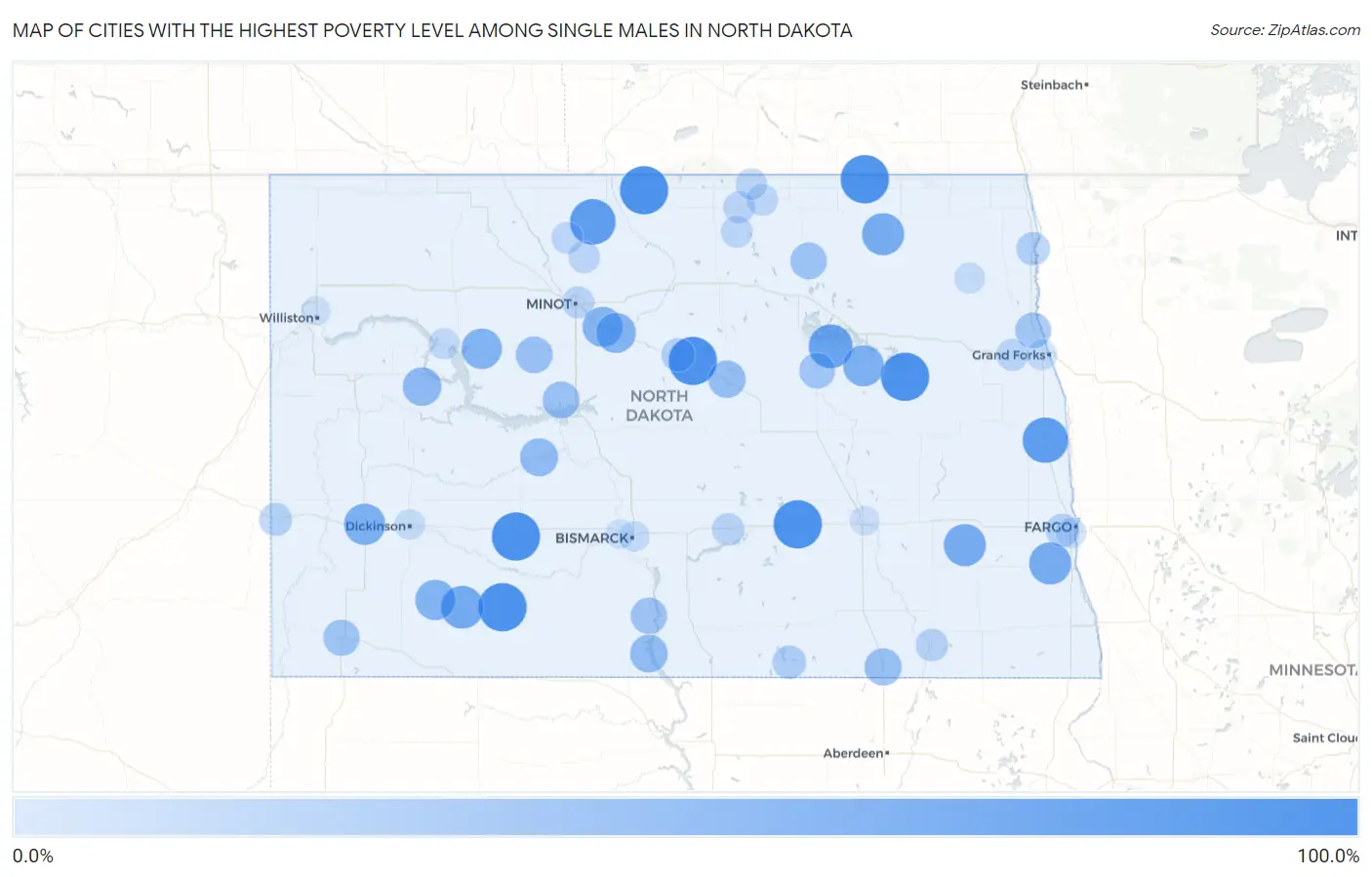 Cities with the Highest Poverty Level Among Single Males in North Dakota Map