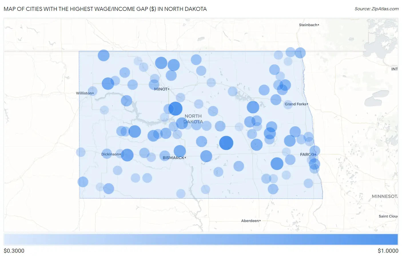 Cities with the Highest Wage/Income Gap ($) in North Dakota Map