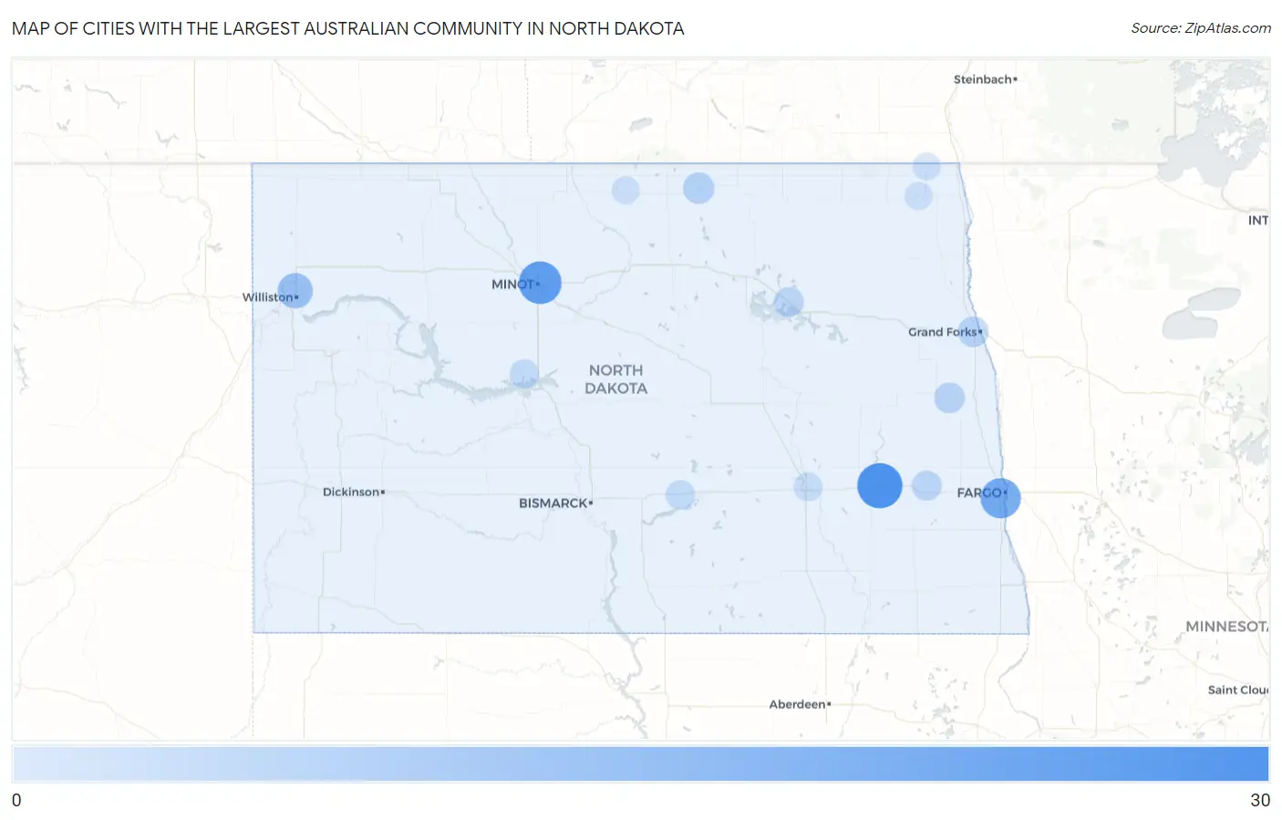 Cities with the Largest Australian Community in North Dakota Map