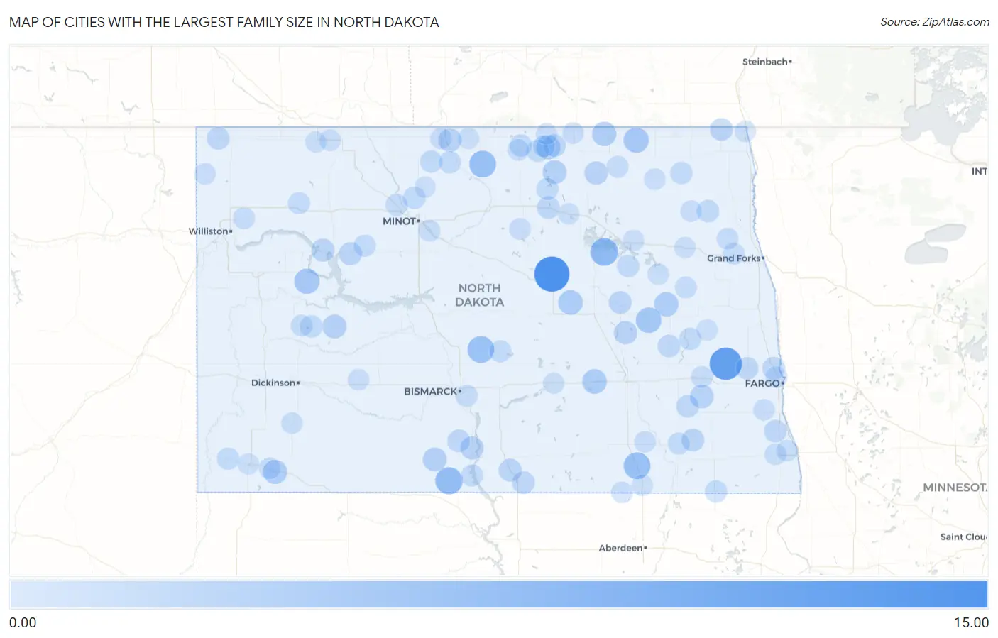Cities with the Largest Family Size in North Dakota Map