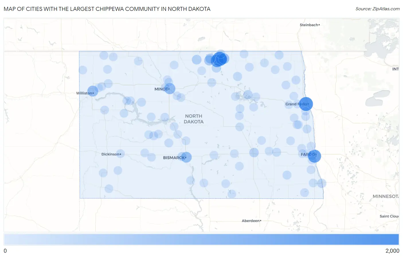 Cities with the Largest Chippewa Community in North Dakota Map
