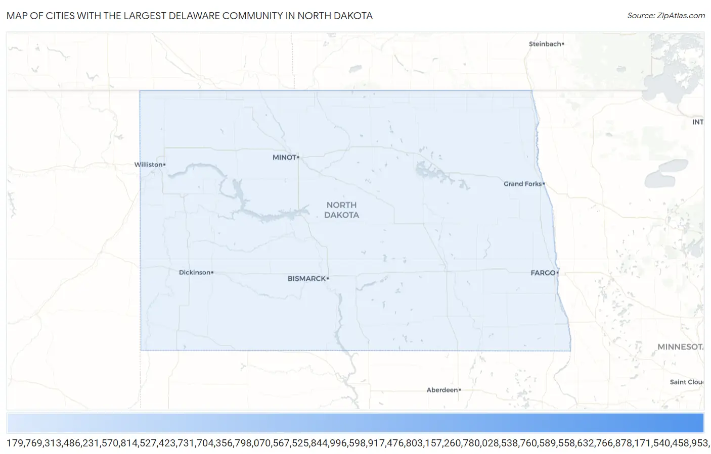 Cities with the Largest Delaware Community in North Dakota Map