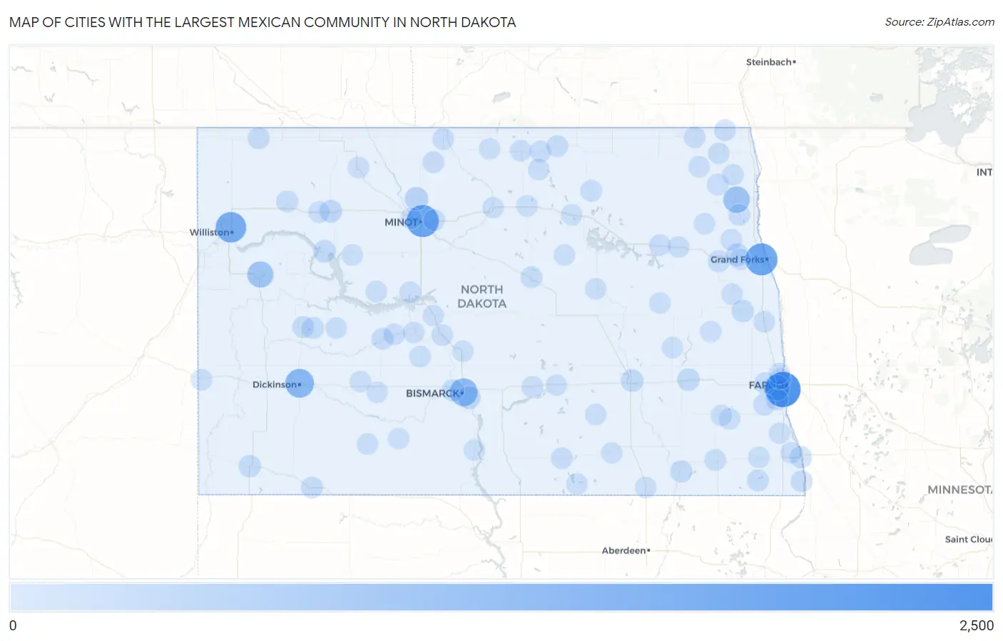 Cities with the Largest Mexican Community in North Dakota Map