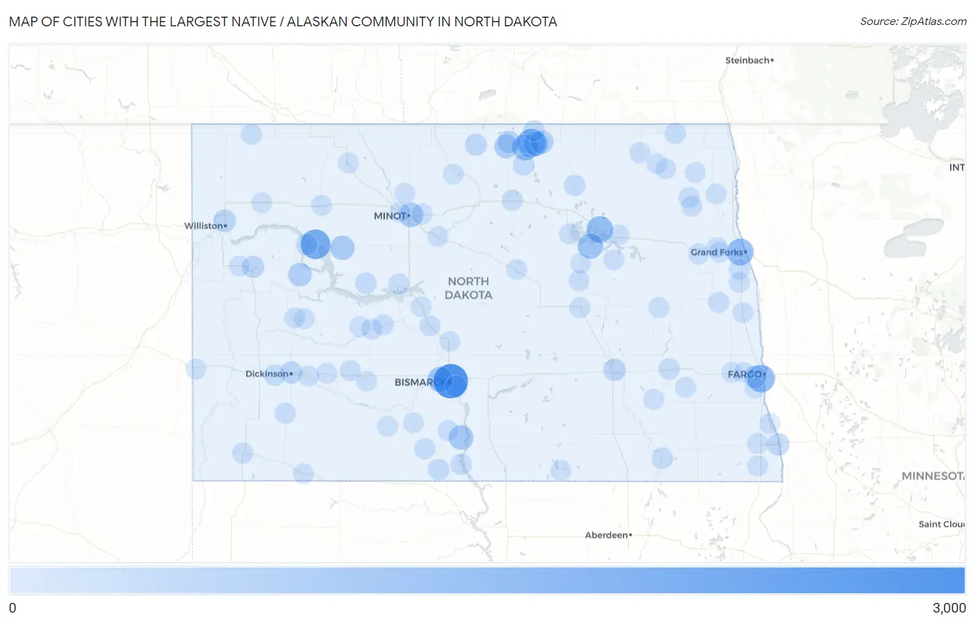 Cities with the Largest Native / Alaskan Community in North Dakota Map