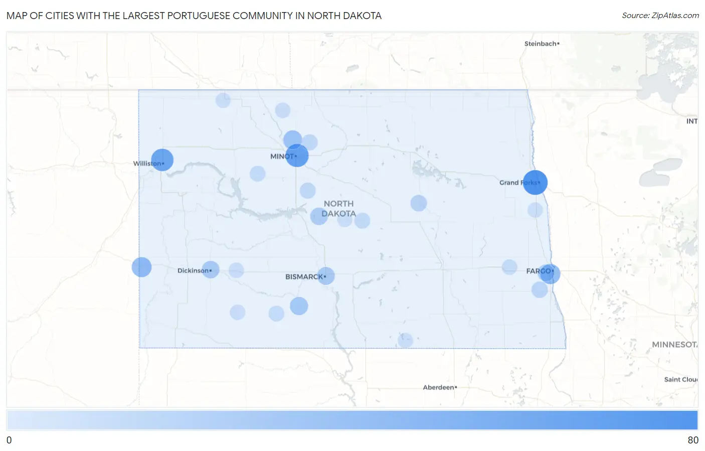 Cities with the Largest Portuguese Community in North Dakota Map