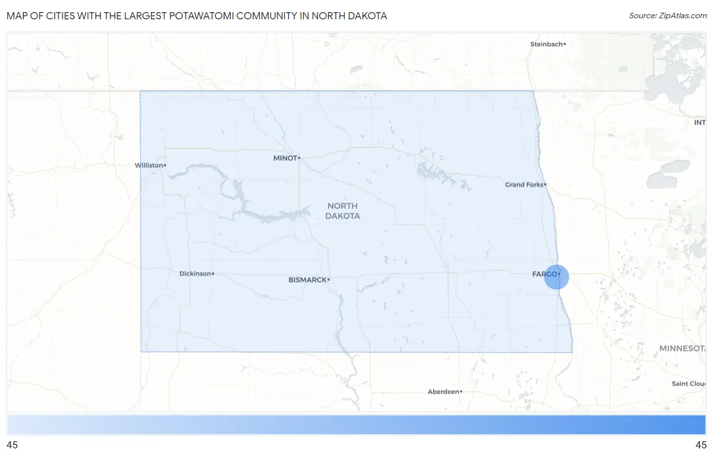 Cities with the Largest Potawatomi Community in North Dakota Map