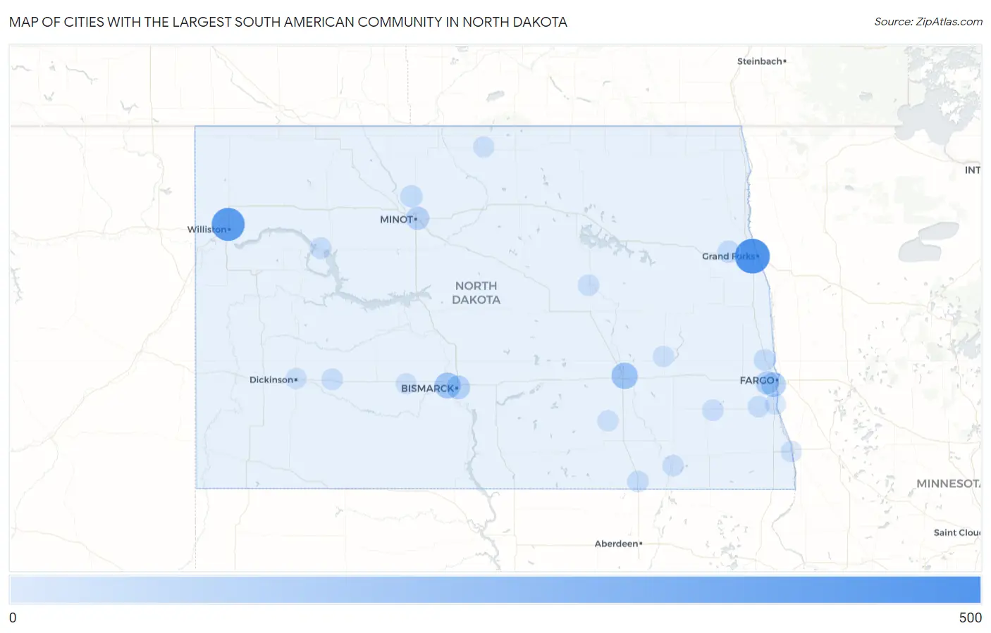Cities with the Largest South American Community in North Dakota Map