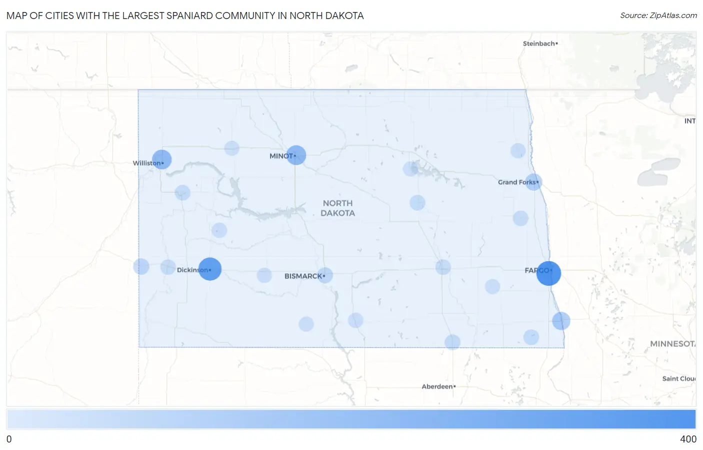 Cities with the Largest Spaniard Community in North Dakota Map