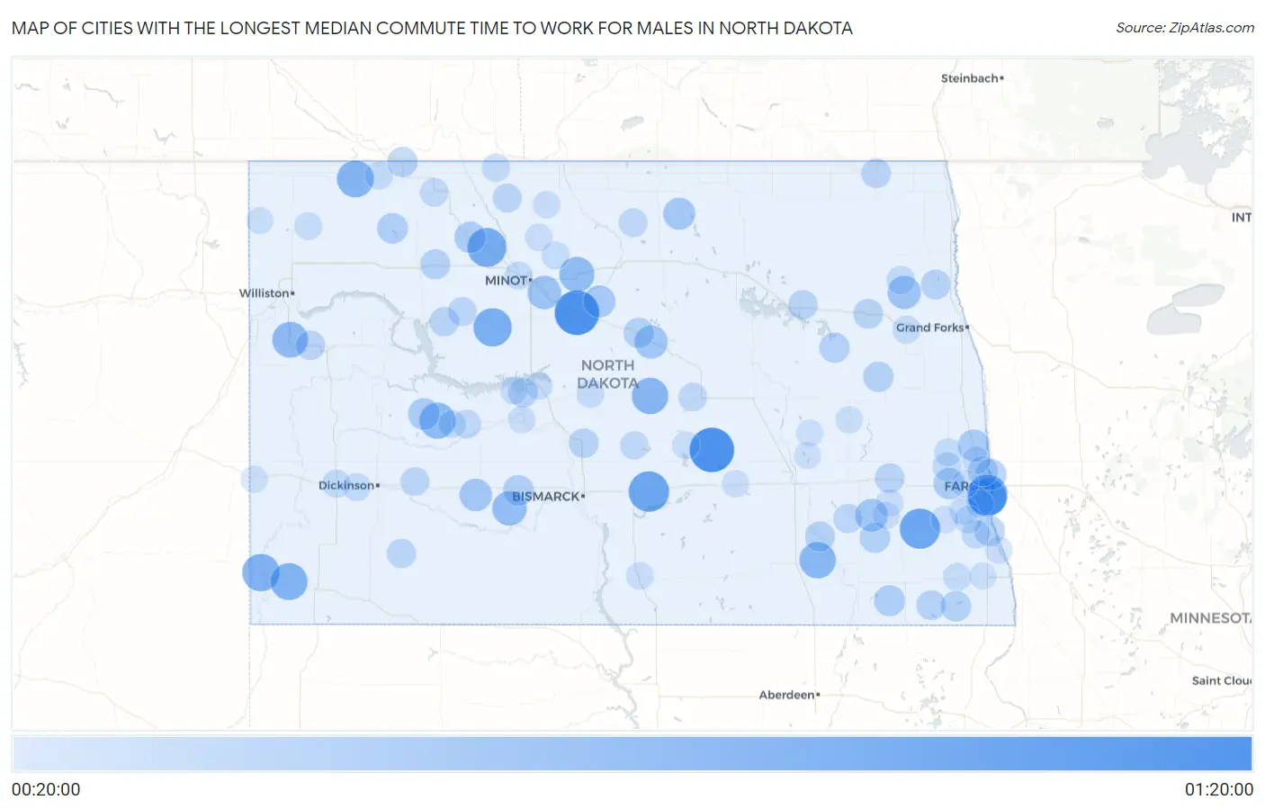 Cities with the Longest Median Commute Time to Work for Males in North Dakota Map