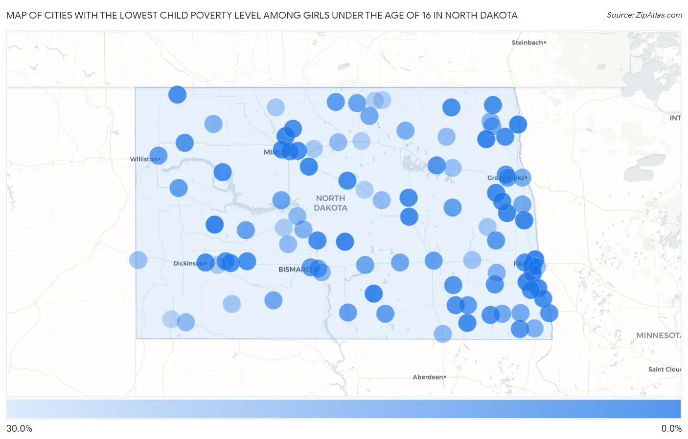 Cities with the Lowest Child Poverty Level Among Girls Under the Age of 16 in North Dakota Map