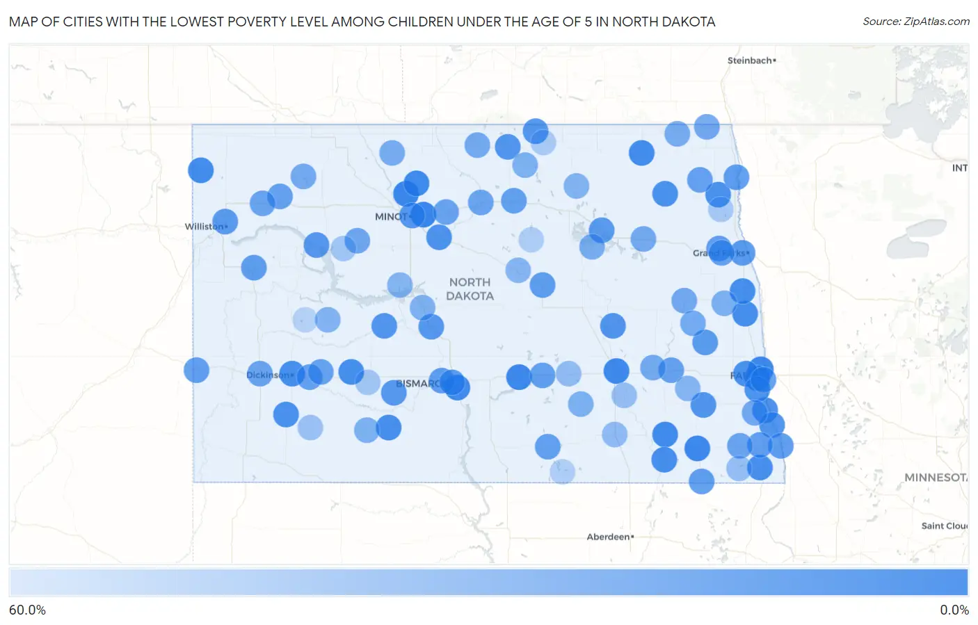Cities with the Lowest Poverty Level Among Children Under the Age of 5 in North Dakota Map