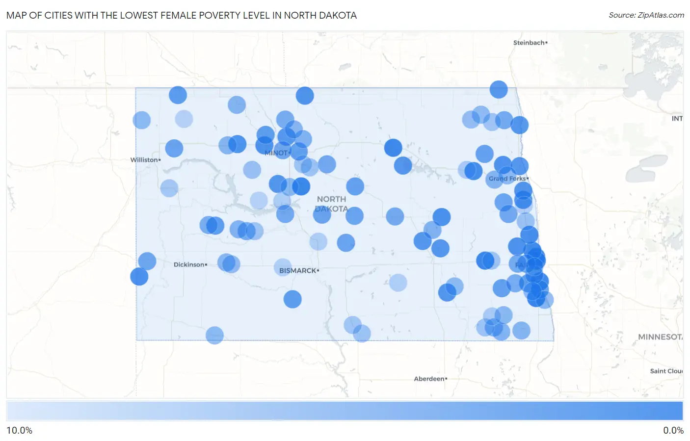 Cities with the Lowest Female Poverty Level in North Dakota Map