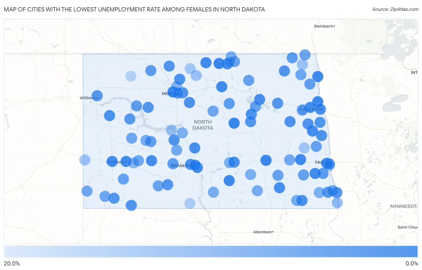 Cities with the Lowest Unemployment Rate Among Females in North Dakota Map