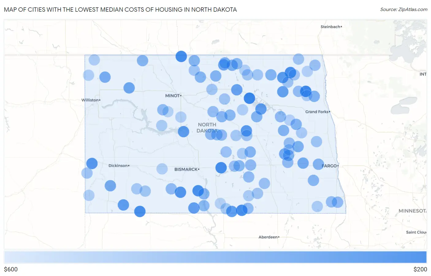 Cities with the Lowest Median Costs of Housing in North Dakota Map