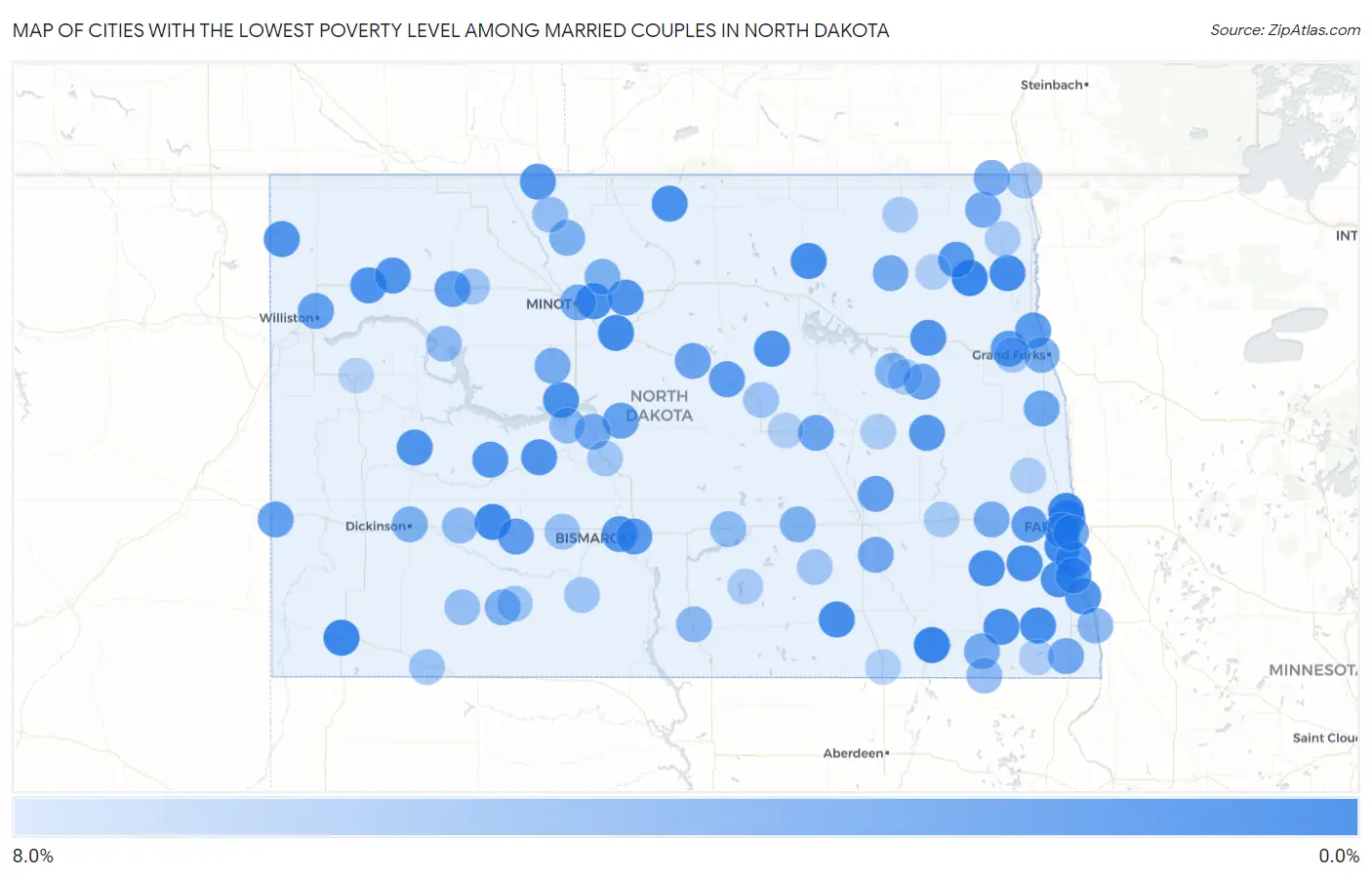Cities with the Lowest Poverty Level Among Married Couples in North Dakota Map
