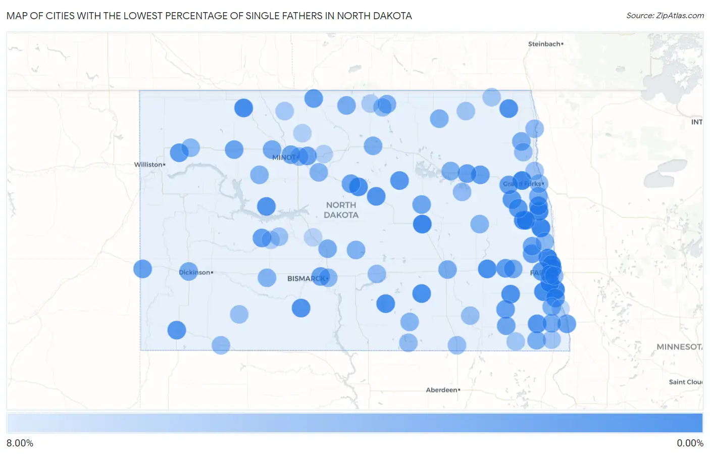 Cities with the Lowest Percentage of Single Fathers in North Dakota Map