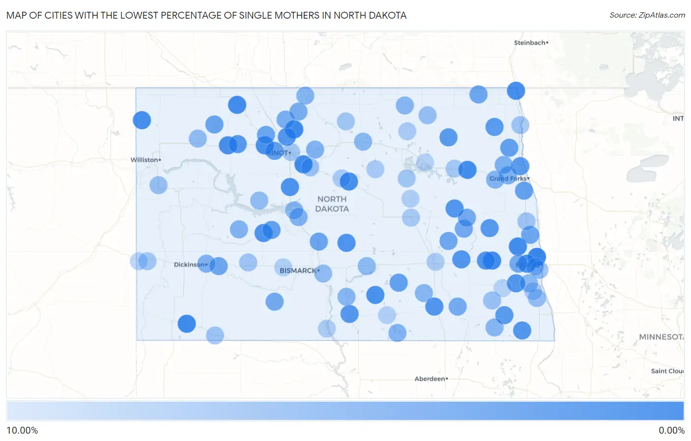 Cities with the Lowest Percentage of Single Mothers in North Dakota Map