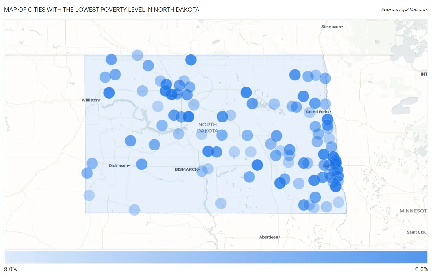 Cities with the Lowest Poverty Level in North Dakota Map