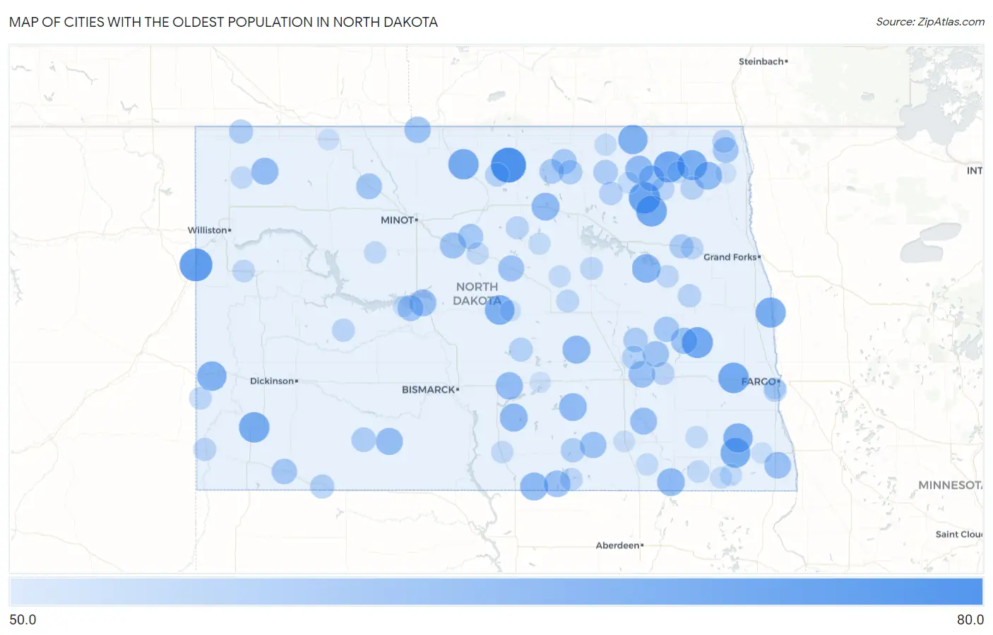 Cities with the Oldest Population in North Dakota Map