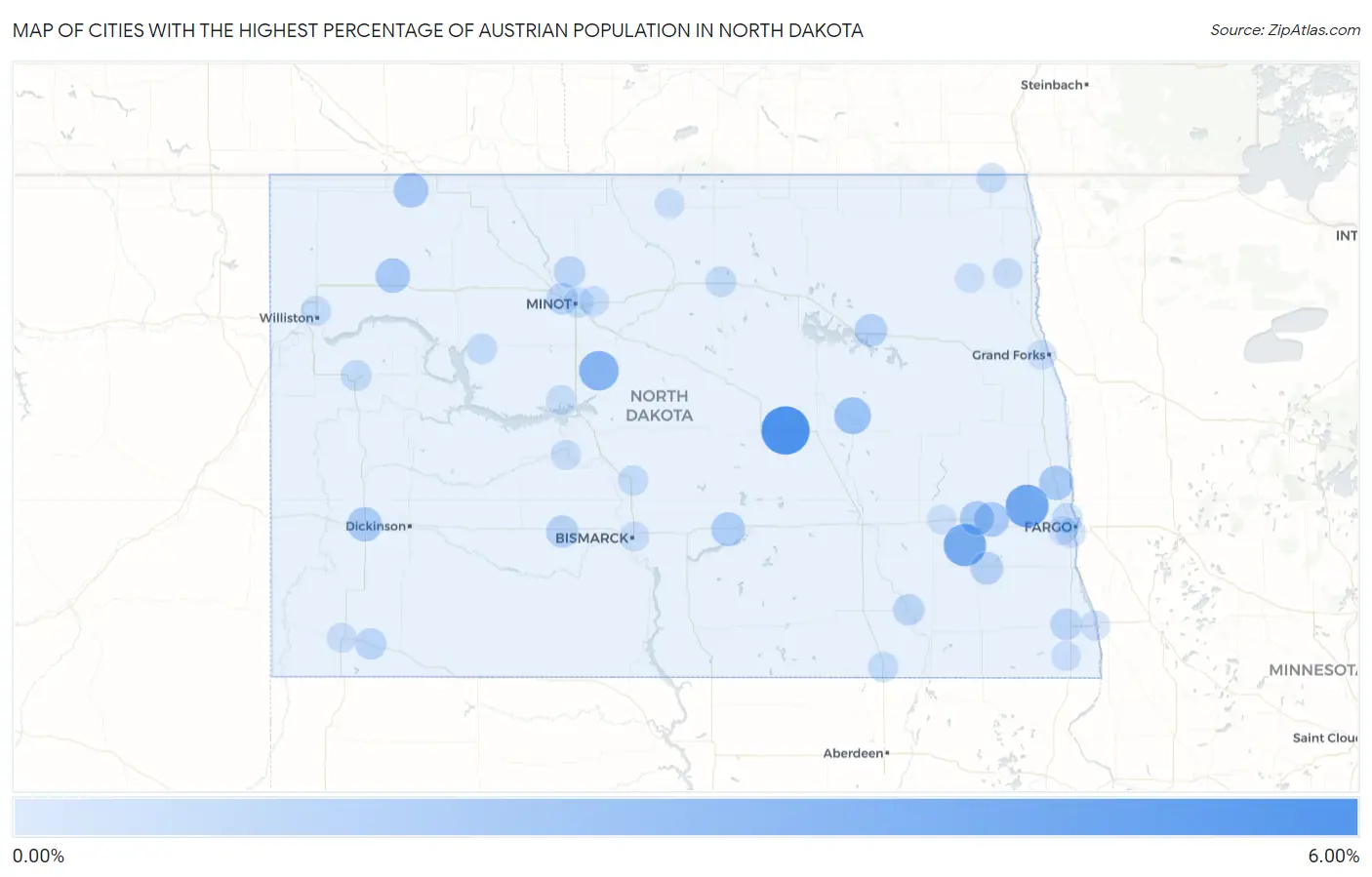 Cities with the Highest Percentage of Austrian Population in North Dakota Map