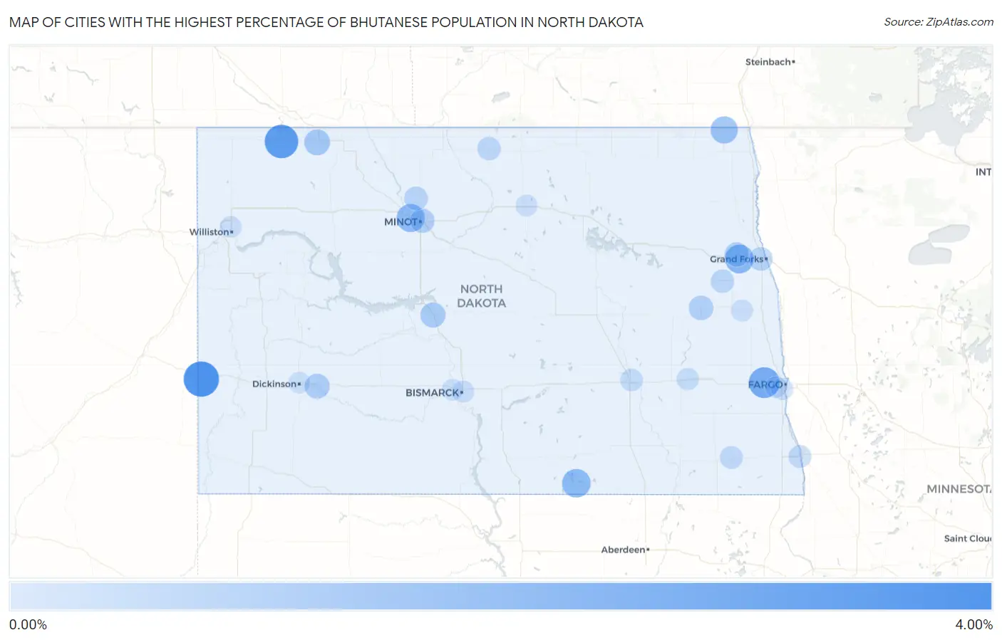 Cities with the Highest Percentage of Bhutanese Population in North Dakota Map