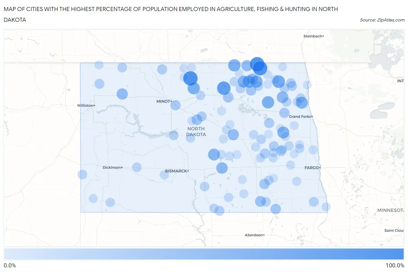 Cities with the Highest Percentage of Population Employed in Agriculture, Fishing & Hunting in North Dakota Map