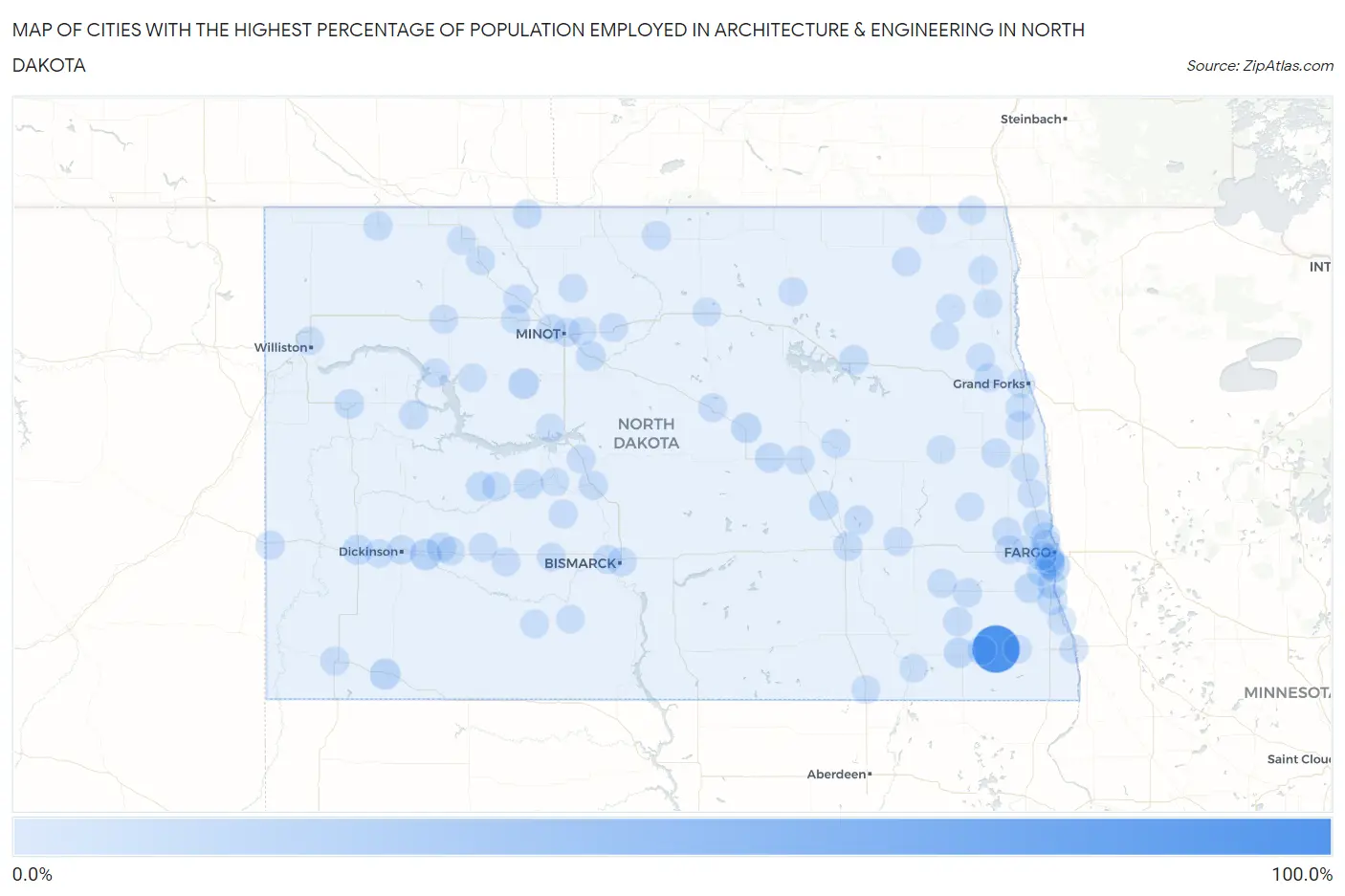 Cities with the Highest Percentage of Population Employed in Architecture & Engineering in North Dakota Map