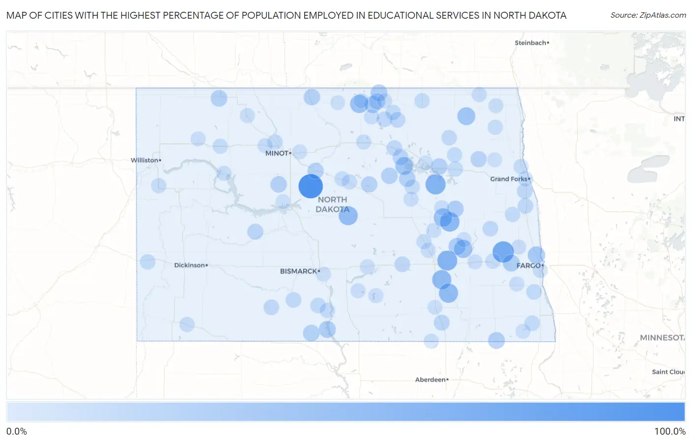 Cities with the Highest Percentage of Population Employed in Educational Services in North Dakota Map
