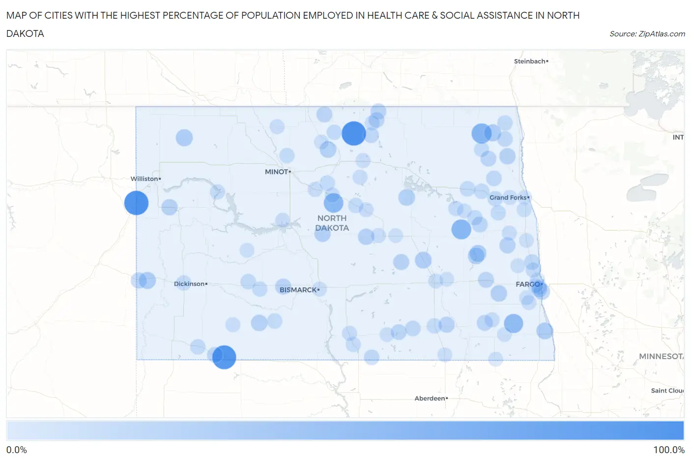 Cities with the Highest Percentage of Population Employed in Health Care & Social Assistance in North Dakota Map