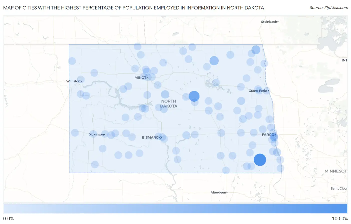 Cities with the Highest Percentage of Population Employed in Information in North Dakota Map