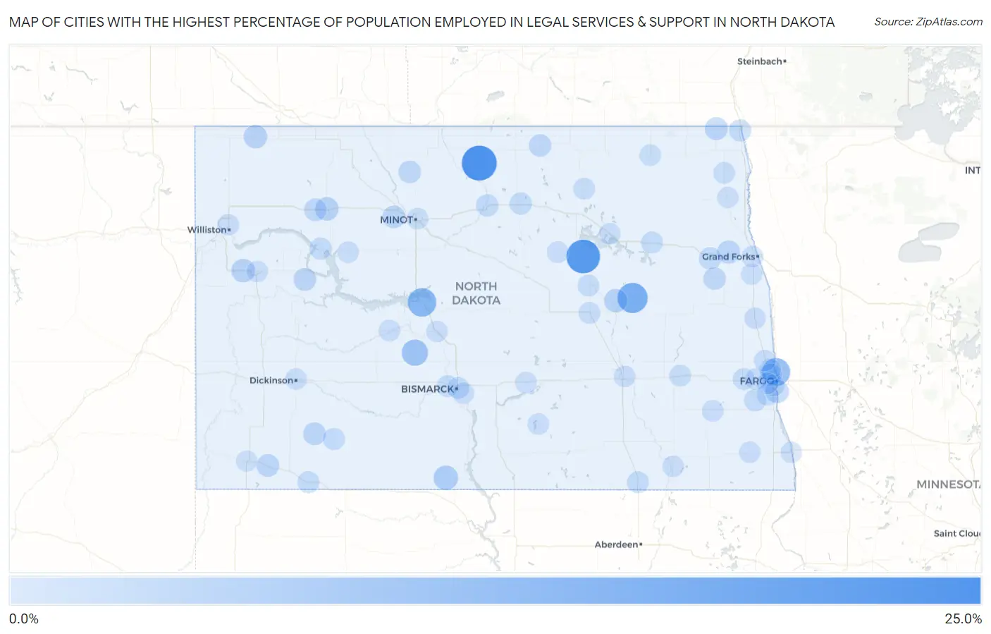 Cities with the Highest Percentage of Population Employed in Legal Services & Support in North Dakota Map