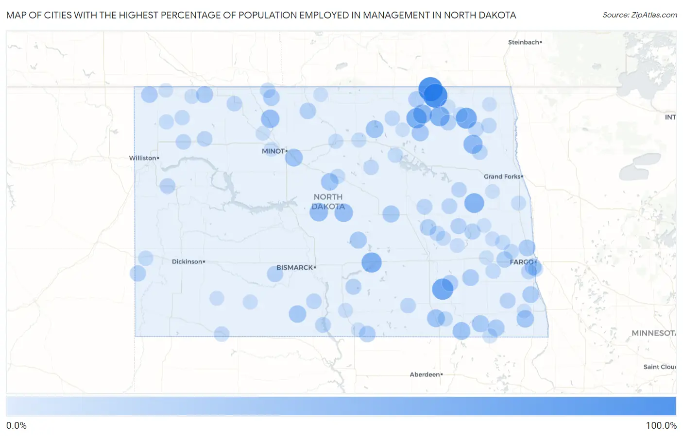 Cities with the Highest Percentage of Population Employed in Management in North Dakota Map