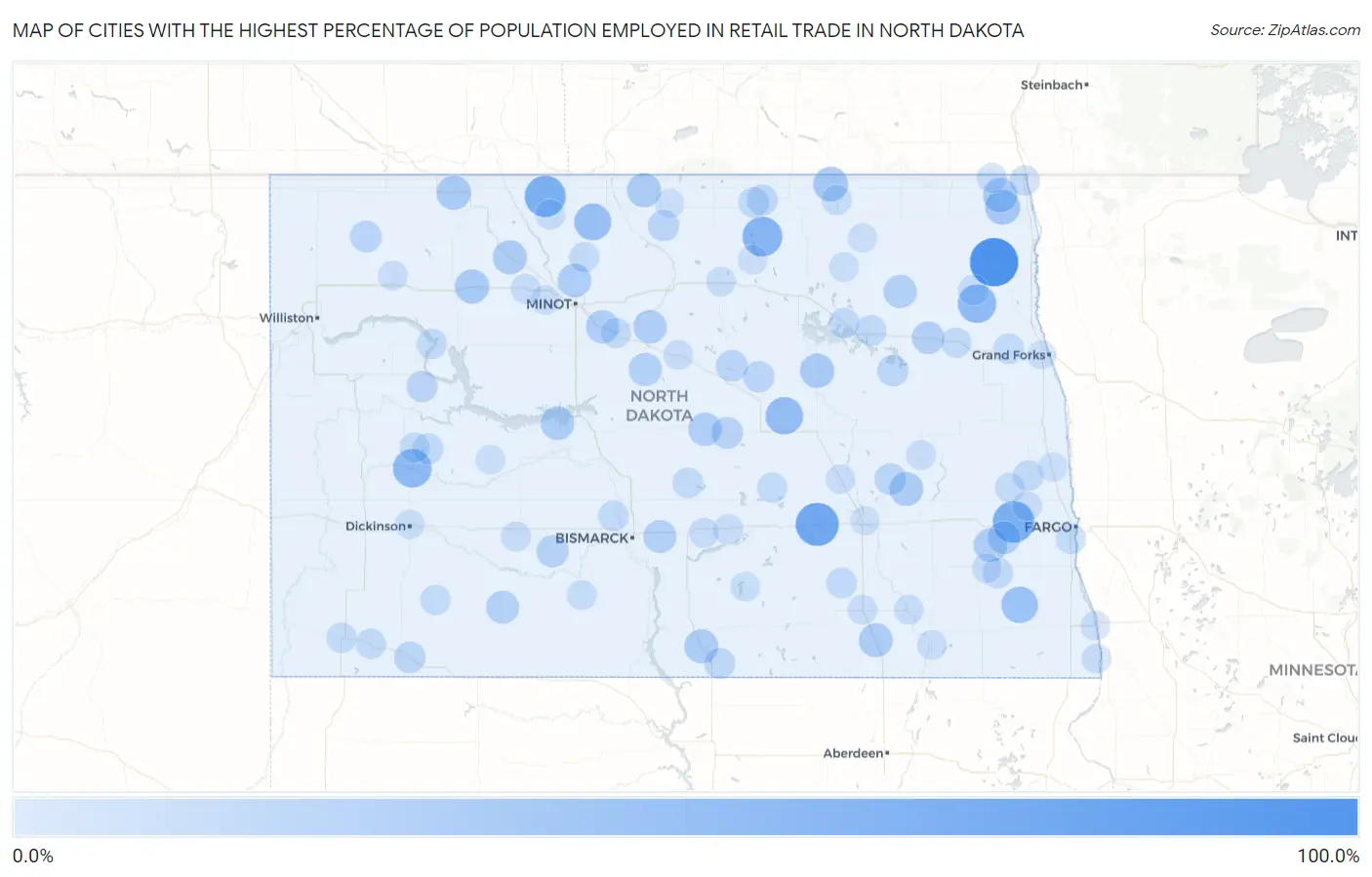 Cities with the Highest Percentage of Population Employed in Retail Trade in North Dakota Map