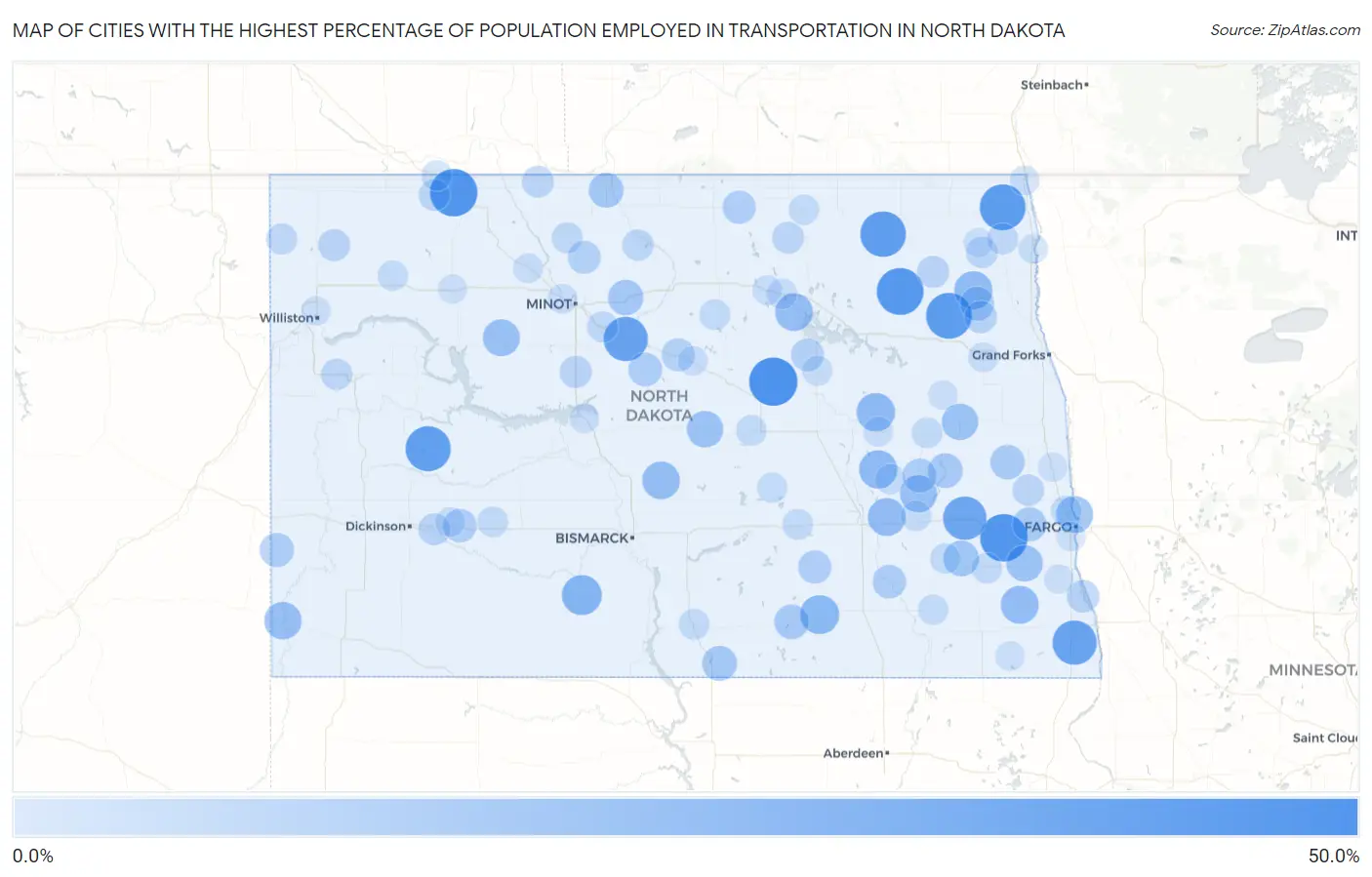 Cities with the Highest Percentage of Population Employed in Transportation in North Dakota Map