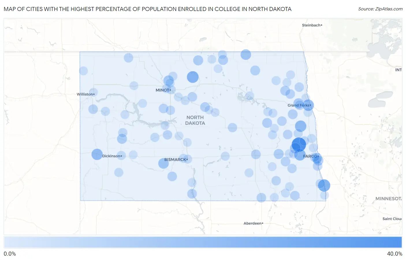 Cities with the Highest Percentage of Population Enrolled in College in North Dakota Map