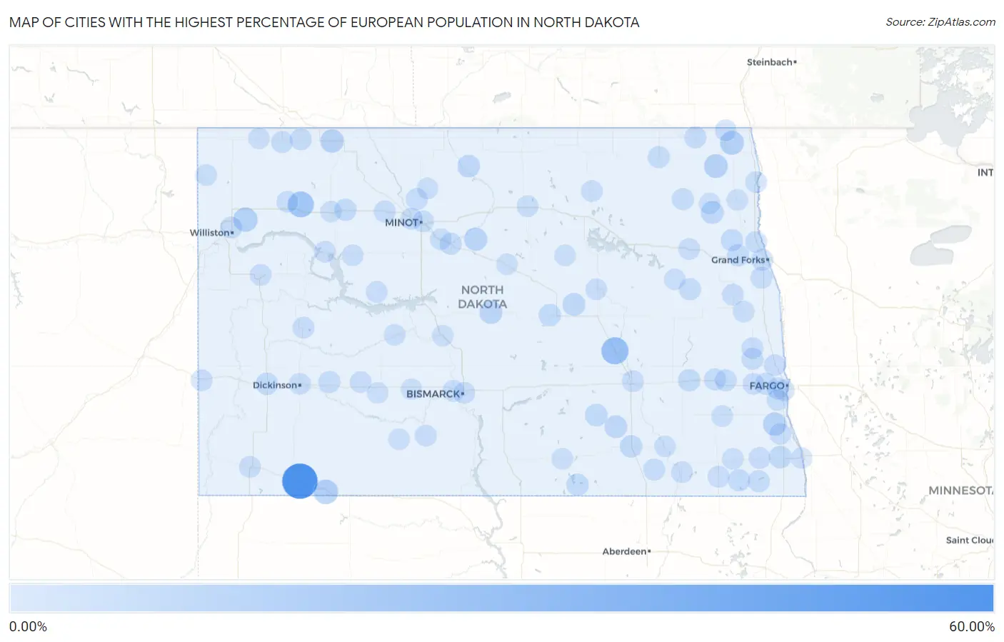 Cities with the Highest Percentage of European Population in North Dakota Map