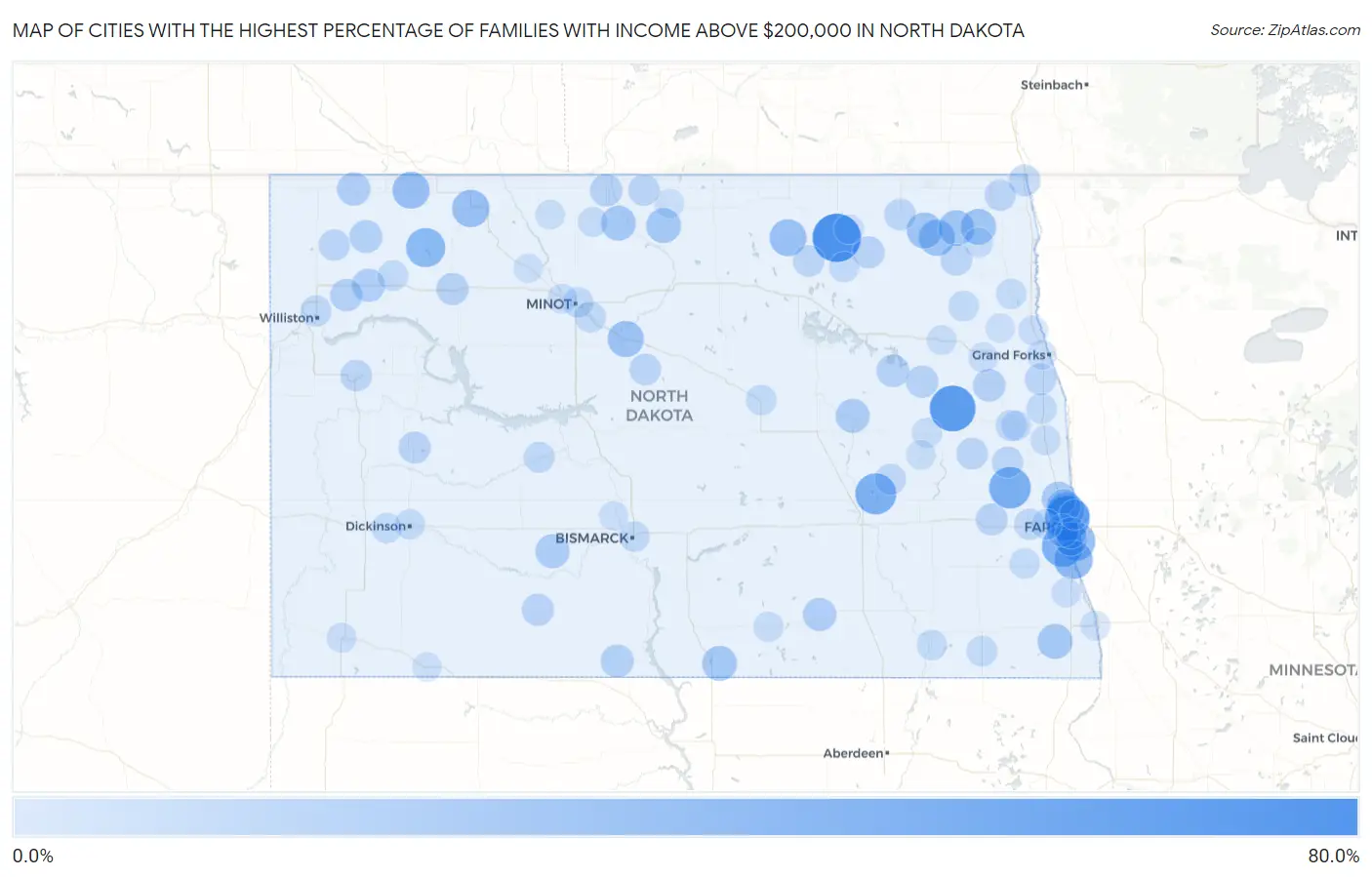 Cities with the Highest Percentage of Families with Income Above $200,000 in North Dakota Map