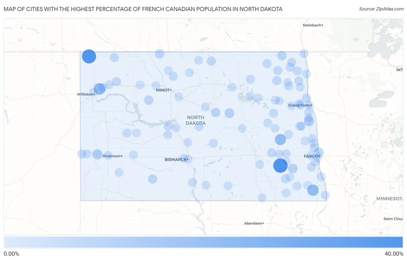 Cities with the Highest Percentage of French Canadian Population in North Dakota Map